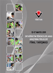 2009 Proje Yarışması sergi kitabının kapağı. Gri bir zemin &uuml;zerinde geometrik beyaz desenler, T&Uuml;BİTAK Logosu, "13-17 MAYIS 2011 Orta&ouml;ğretim &Ouml;ğrencileri Arası Araştırma Projeleri FİNAL YARIŞMASI" ibaresi ve bazı katılımcıalrın projeleri ile ilgilenirken &ccedil;ekilen fotoğrafları yer alıyor.